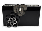 Polished Black box Clutch with Swarovski Crystal and two 3D flower deco in front