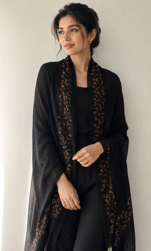 Embellished Cashmere Scarf in Black with Golden Border