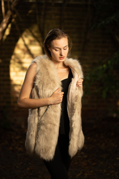 Faux Fur Long Embellished Gilet in Beige