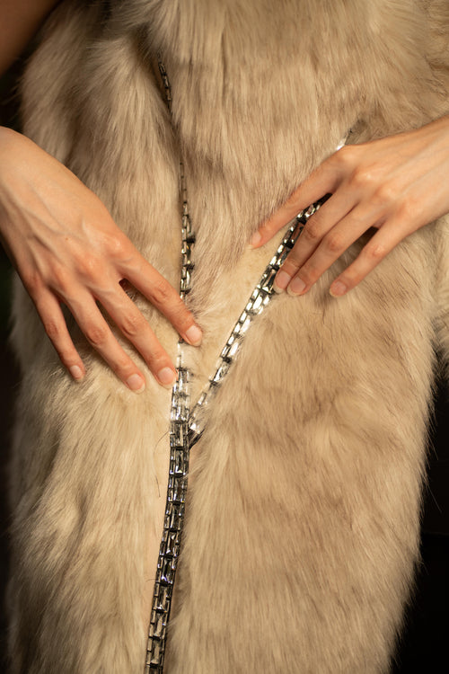 Faux Fur Long Embellished Gilet in Beige