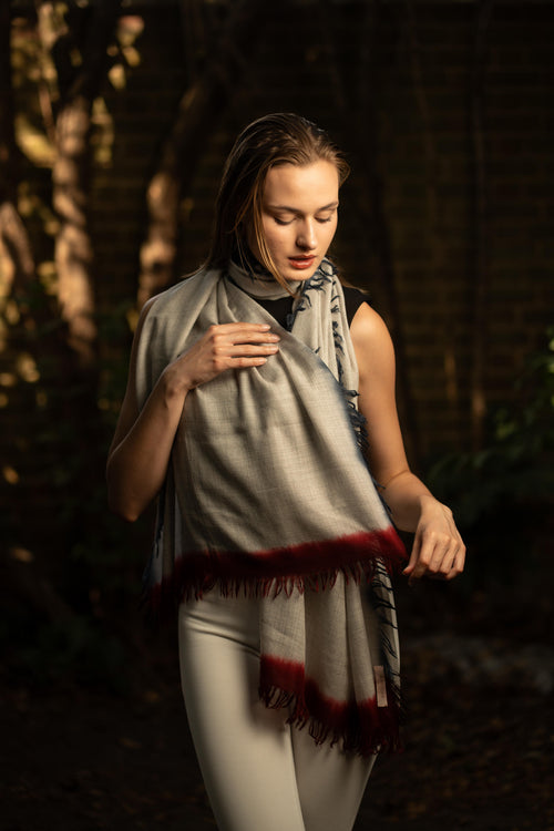 Cashmere Scarf with Blue and Red Tassels