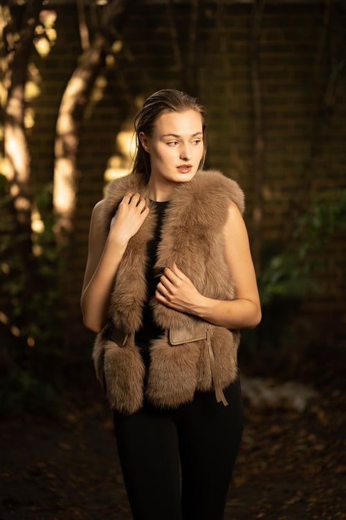 Faux Fur Gilet with Leather Pockets in Brown