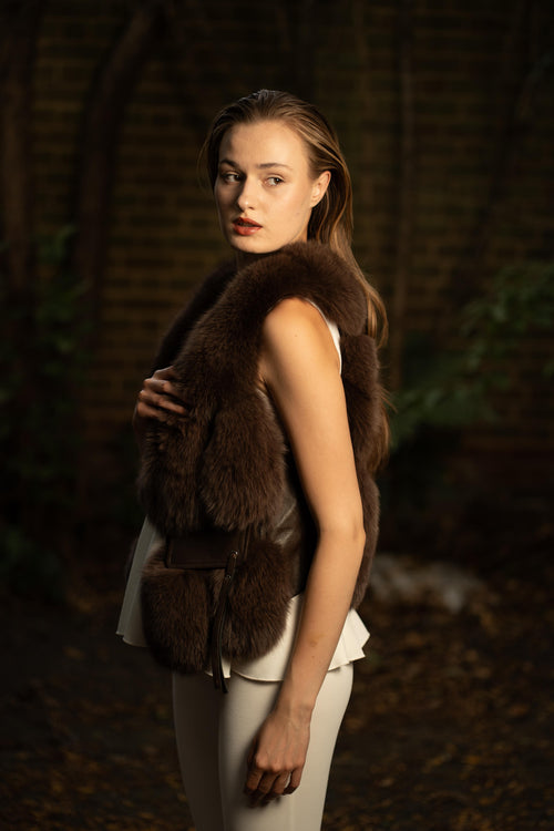 Faux Fur Gilet with Leather Pockets in Chocolate Brown