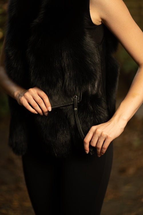 Faux Fur Gilet with Leather Pockets in Black