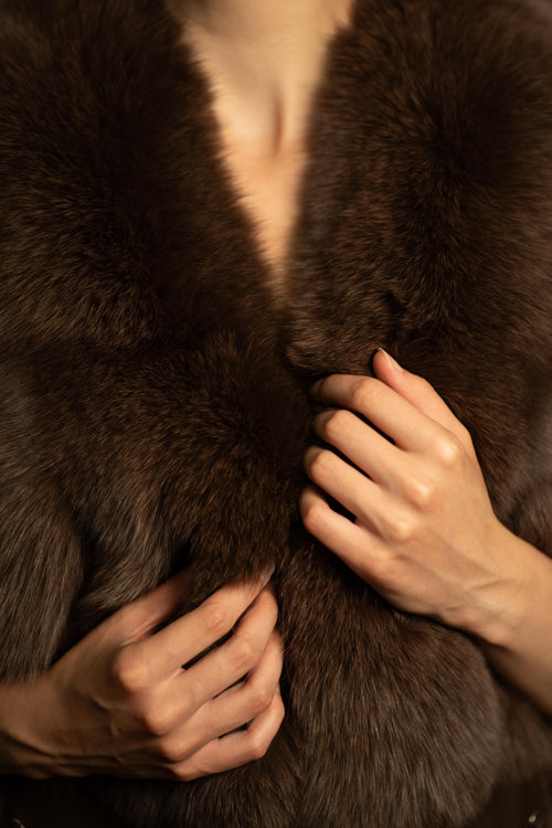 Faux Fur Gilet with Leather Pockets in Chocolate Brown
