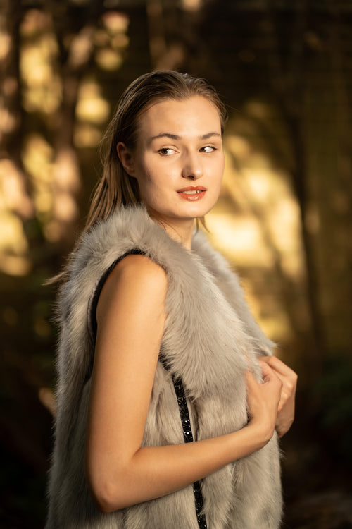 Faux Fur Long Embellished Gilet in Grey