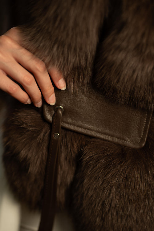 Faux Fur Gilet with Leather Pockets in Chocolate Brown