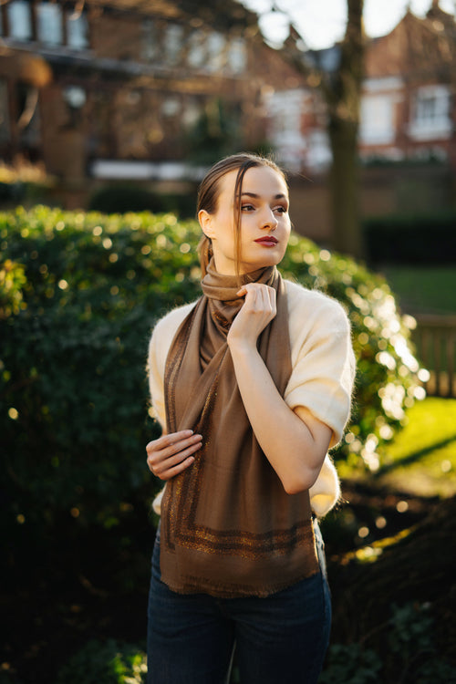 Embellished Cashmere Scarf in Beige with Brown border