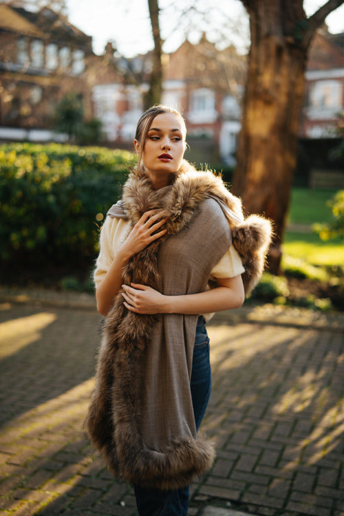 Faux Fur Trimmed Cashmere Scarf in Beige