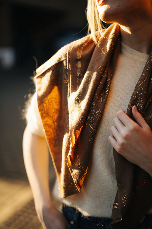 Embellished Cashmere Scarf in Mustard with Crystals in Pattern