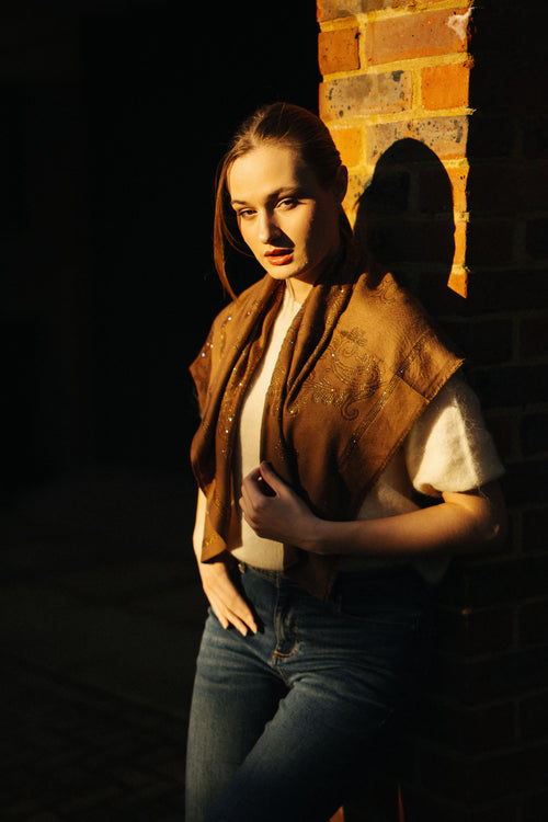 Embellished Cashmere Scarf in Mustard with Crystals in Pattern
