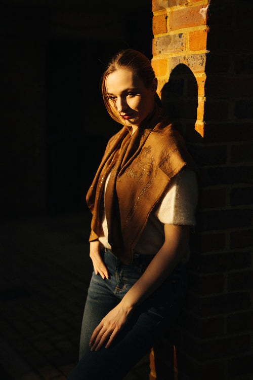 Embellished Cashmere Scarf in Mustard with Crystals in Pattern