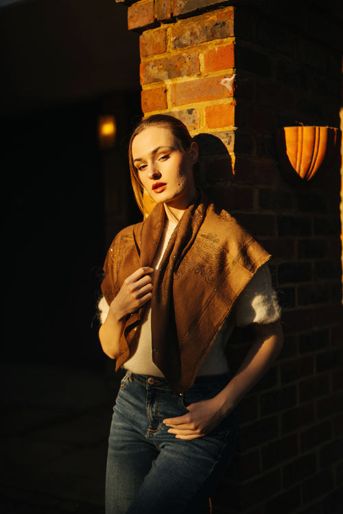 Embellished Cashmere Scarf in Mustard with Crystals in Pattern