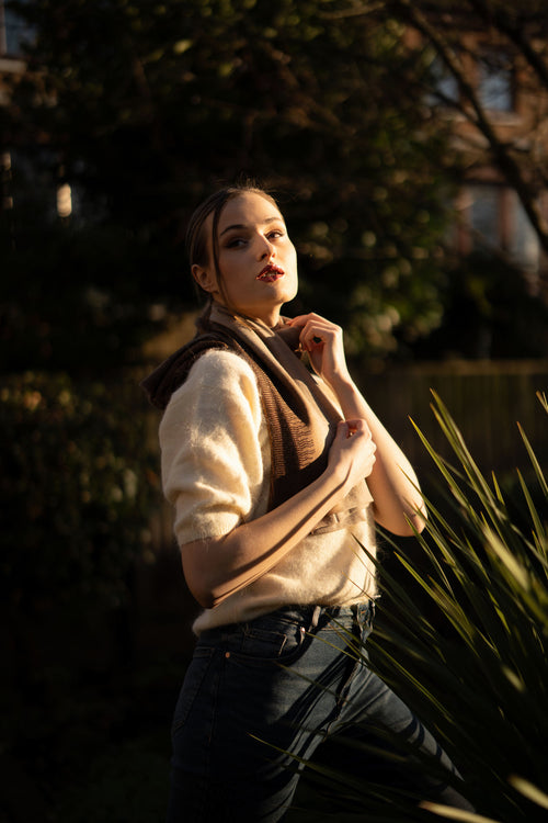 Embellished Cashmere Scarf in Beige and Brown