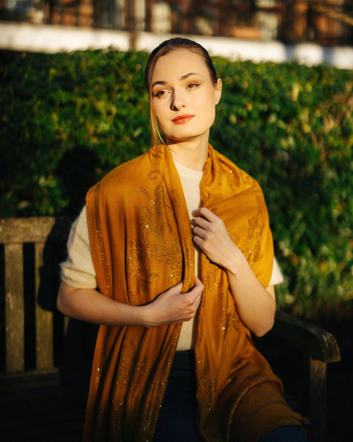 Embellished Cashmere Scarf in Mustard with Crystals in Pattern