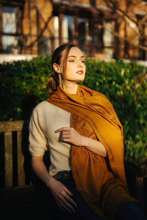 Embellished Cashmere Scarf in Mustard with Crystals in Pattern