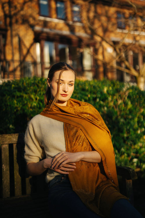 Embellished Cashmere Scarf in Mustard with Crystals in Pattern