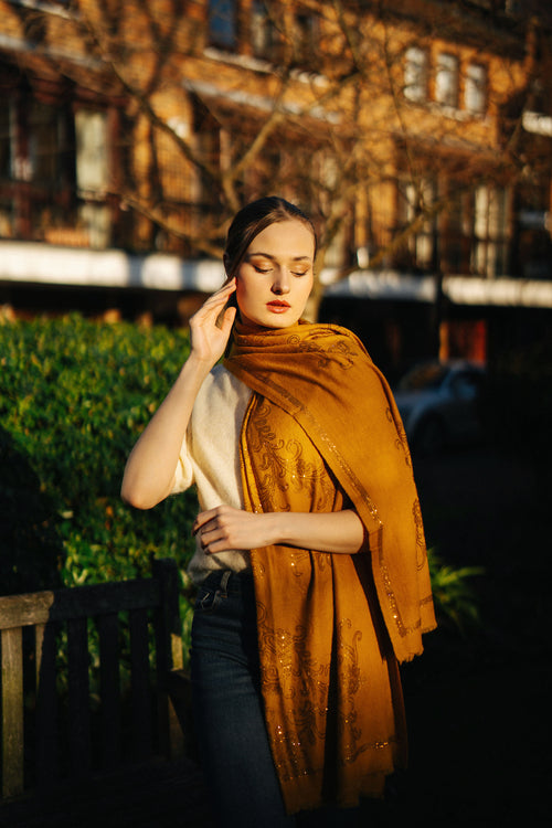 Embellished Cashmere Scarf in Mustard with Crystals in Pattern