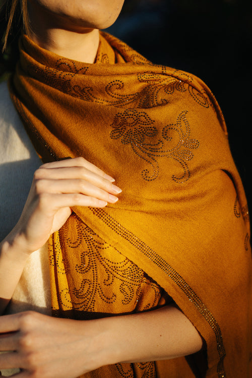 Embellished Cashmere Scarf in Mustard with Crystals in Pattern