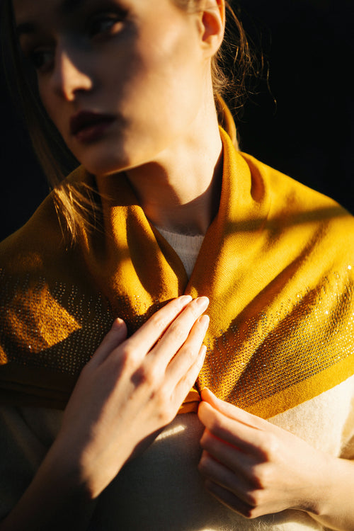 Embellished Cashmere Scarf in Mustard