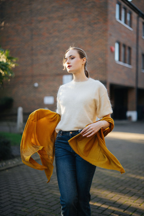 Embellished Cashmere Scarf in Mustard