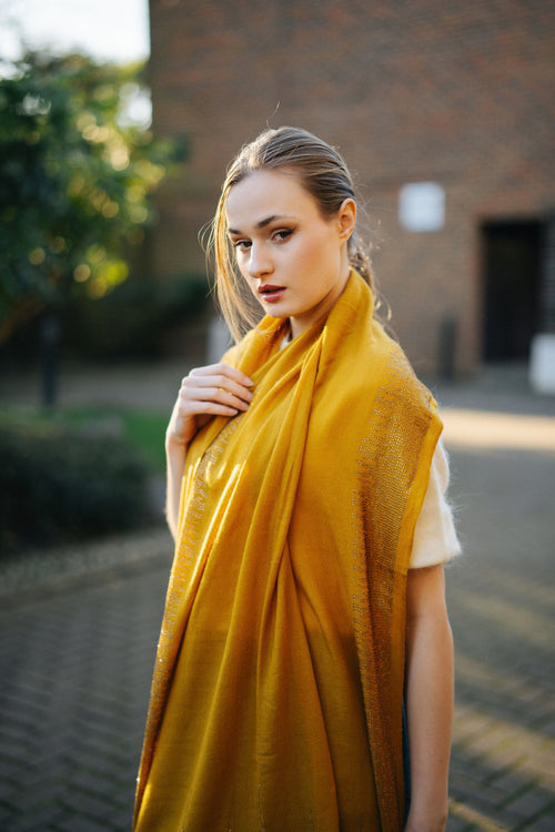 Embellished Cashmere Scarf in Mustard