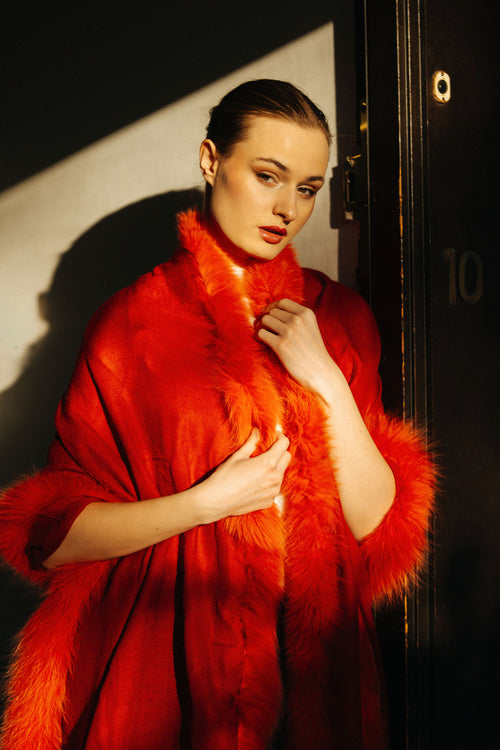 Faux Fur Trimmed Cashmere Scarf in Red
