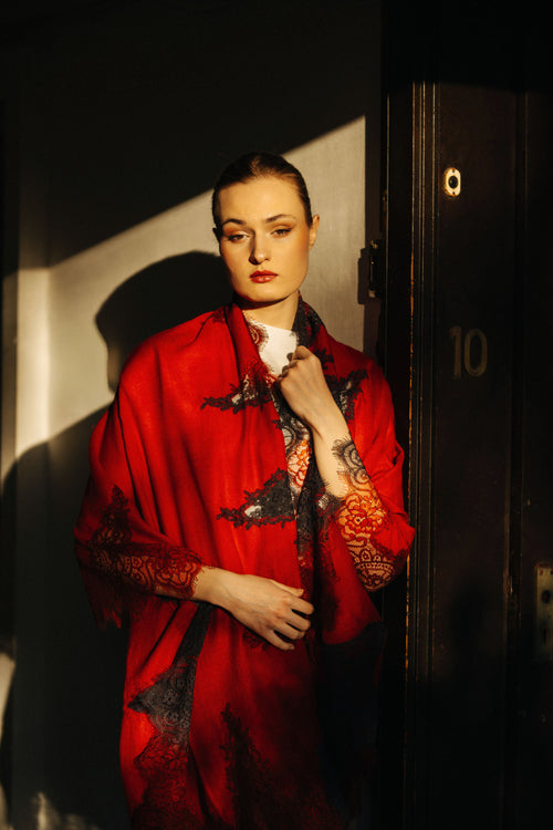 Lace and Tie-Dye Scarf in Red