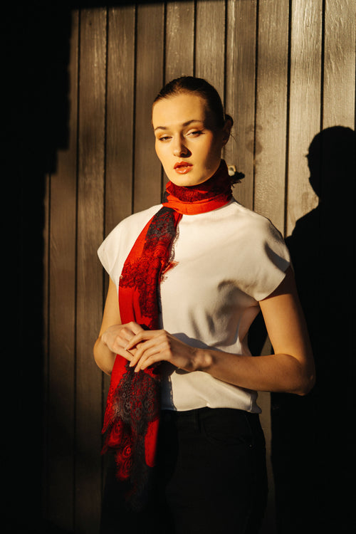Lace and Tie-Dye Scarf in Red