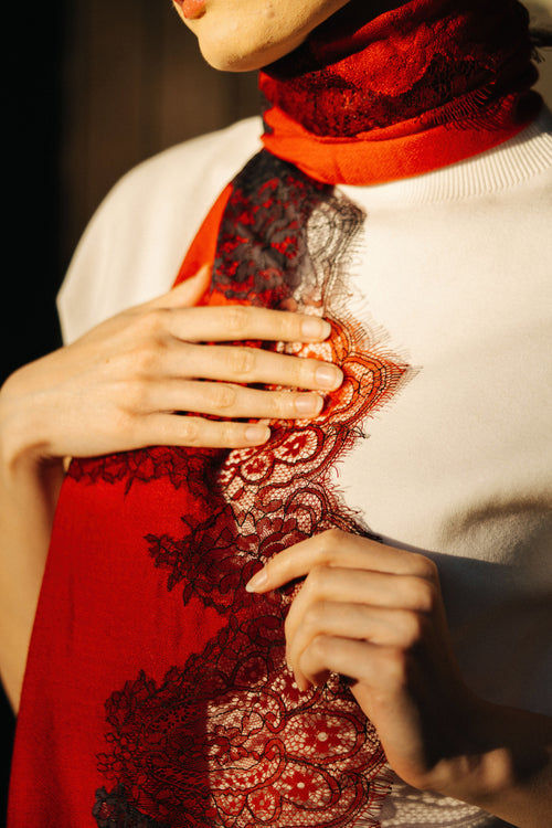 Lace and Tie-Dye Scarf in Red
