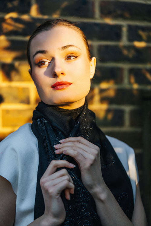 Embellished Cashmere Scarf in all over black Crystals Trim