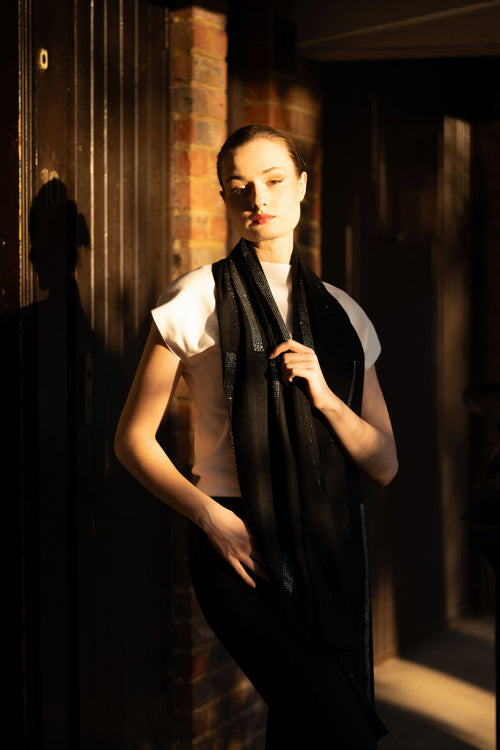 Embellished Cashmere Scarf in Black with crystal stripes