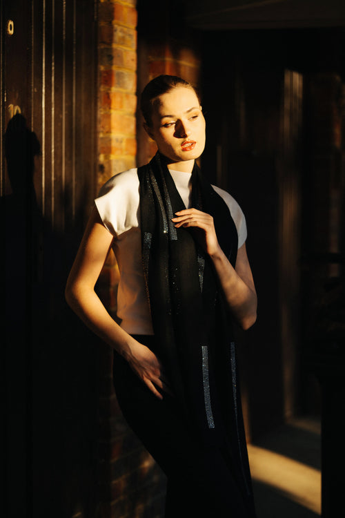 Embellished Cashmere Scarf in Black with crystal stripes