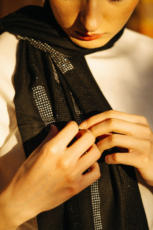 Embellished Cashmere Scarf in Black with crystal stripes