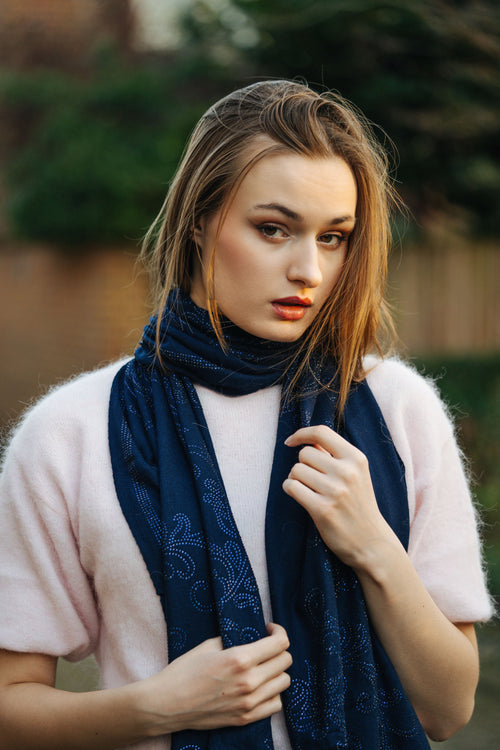 Embellished Cashmere Scarf in Navy