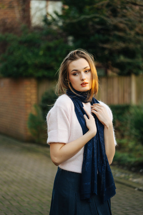 Embellished Cashmere Scarf in Navy