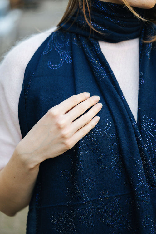 Embellished Cashmere Scarf in Navy