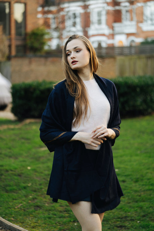 Embellished Cashmere Scarf in Navy with Crystal Trim