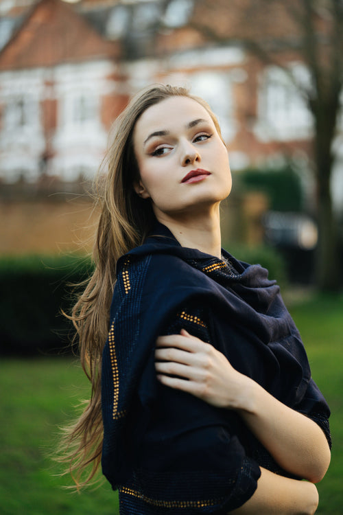 Embellished Cashmere Scarf in Navy with Crystal Trim