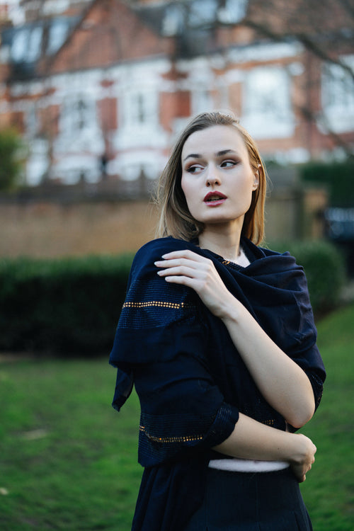 Embellished Cashmere Scarf in Navy with Crystal Trim