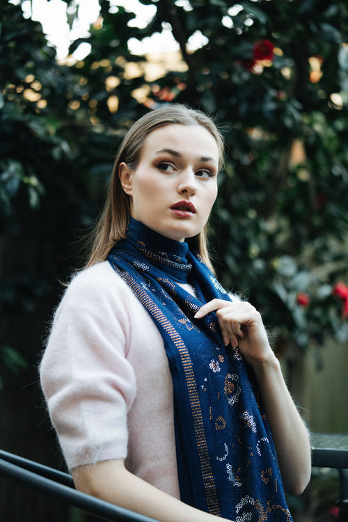 Embellished Cashmere Scarf in Dark BLUE with Floral Pattern Crystals
