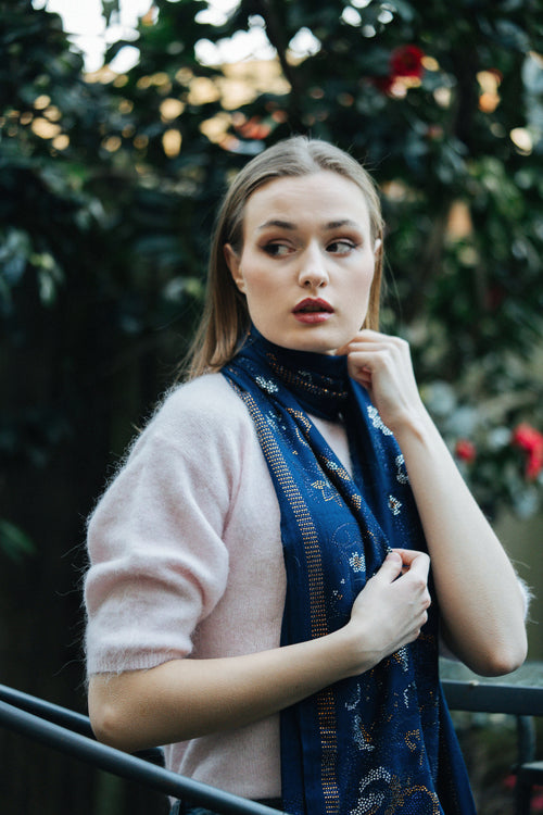 Embellished Cashmere Scarf in Dark BLUE with Floral Pattern Crystals