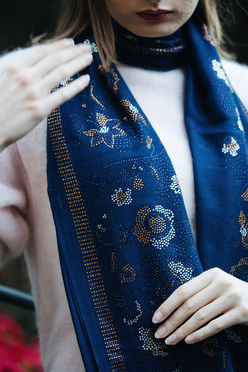 Embellished Cashmere Scarf in Dark BLUE with Floral Pattern Crystals