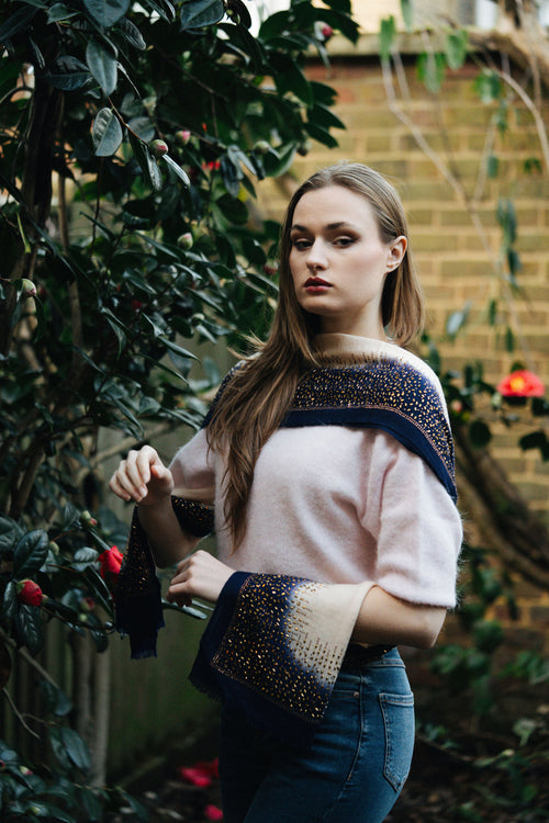 Embellished Cashmere Scarf in Beige and Navy