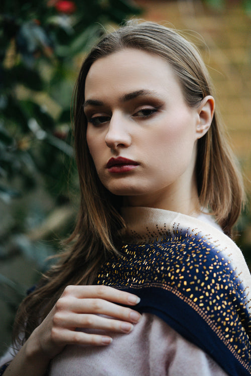 Embellished Cashmere Scarf in Beige and Navy