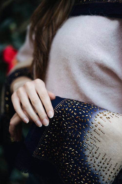 Embellished Cashmere Scarf in Beige and Navy