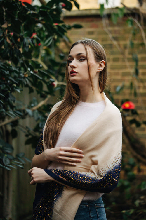 Embellished Cashmere Scarf in Beige and Navy