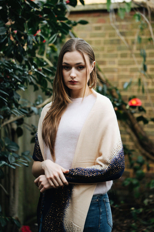 Embellished Cashmere Scarf in Beige and Navy