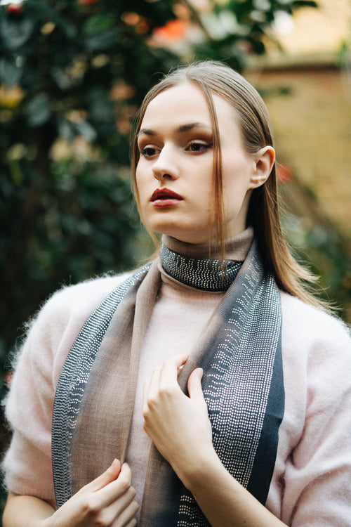 Embellished Cashmere Scarf in Beige-blue Crystals border