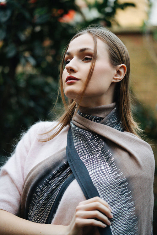 Embellished Cashmere Scarf in Beige-blue Crystals border